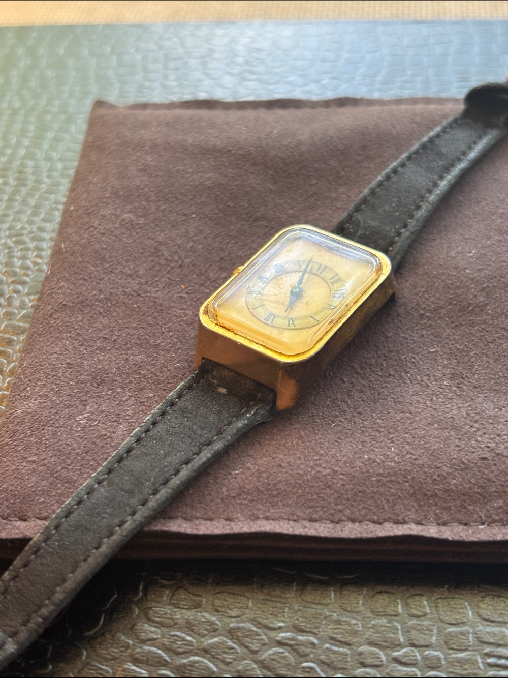 Beautiful Vintage Gold Ladies Rectangular Watch with Black  Strap